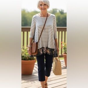 Striped Gray and White T with Floral inserts .